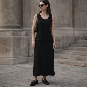 Claudia D Black Sleeveless Knit Midi Dress 90s Minimalist Button Back S‎